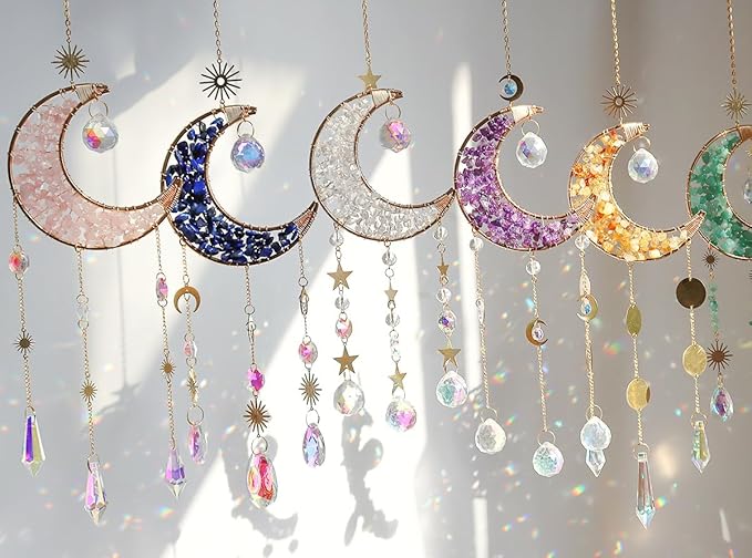 Moon Suncatcher Hanging Decor, Boho Chic Lapis Lazuli Crystal Sun Catcher, Spritual Sun Light Catcher for Windows, Blue Crescent Moon Housewarming Gift (Lapis Lazuli)