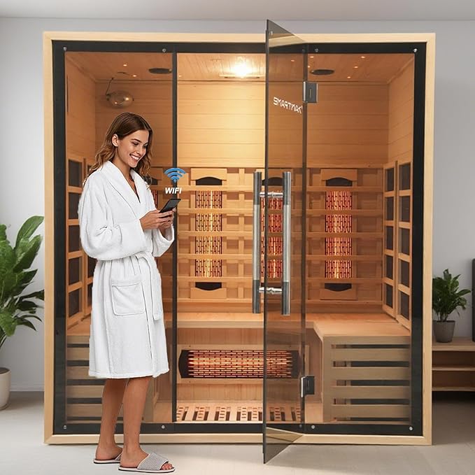Full Spectrum Infrared Sauna for 4 Person, Indoor Canadian Hemlock Wood Red Light Home Spa Saunas with Upgraded WiFi Control, Speaker, Oxygen bar, Reading & 7-Color Starry Light, 2700W, 220V
