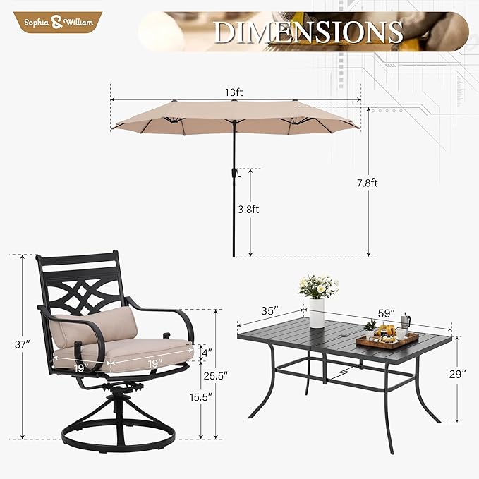 Sophia & William Swivel Patio Dining Set for 6 | 13ft Patio Umbrella Beige | Removable Seat Cushions | Black 59" Patio Dining Table