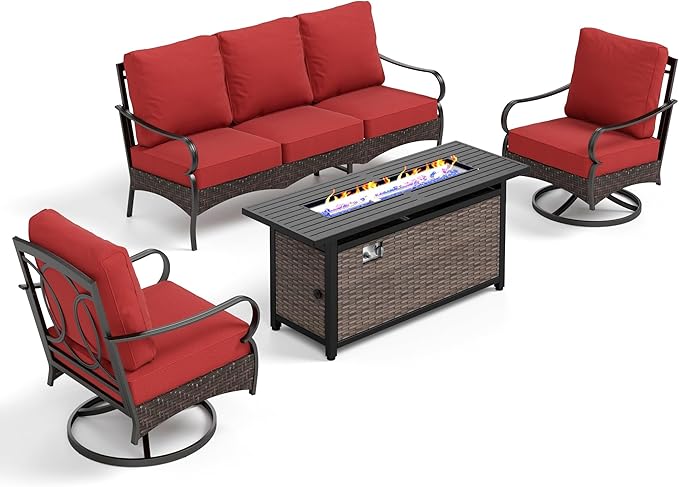 Patio Furniture Set with 56" Fire Pit Table, Premium Outdoor Wicker Metal Frame Furniture with Upgraded Waterproof Thick Cushions for Porch, Poolside, Deck, and Yard (4 Pieces,Red