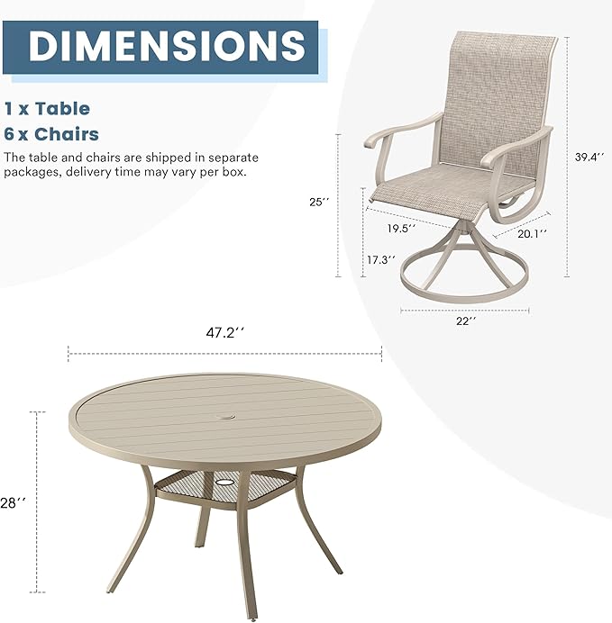 DIFY 7 Pieces Outdoor Patio Dining Set, 6 Sandshell Textilene Swivel Dining Chairs and 47.2" Sandshell Round Dining Table, Metal Outdoor Table and Chairs