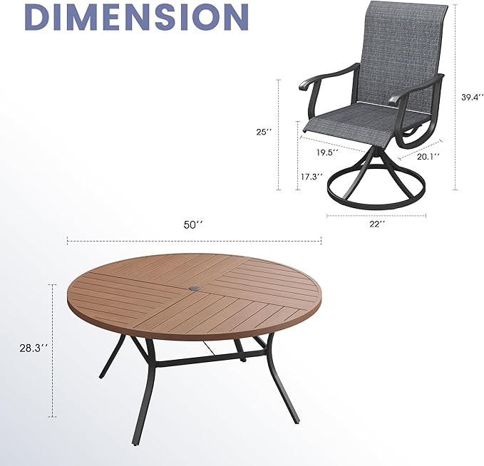 VICLLAX 7 Pieces Outdoor Dining Set, Patio Furniture Set of 6 Patio Swivel Dining Chairs and 50" Patio Spliced Round Tabletop, Dark Charcoal Chairs & Walnut Tabletop