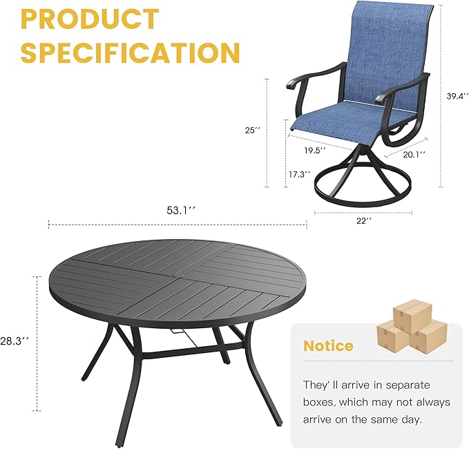 VICLLAX 7 Pieces Patio Dining Set for 6, Outdoor Furniture Set Includes 53" Outdoor Round Table and 6 Patio Swivel Chairs for Lawn Garden, Black Tabletop and Blue Fabric