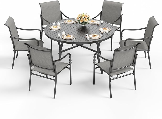 HERA'S HOUSE Patio Table and Chairs, 7 Pieces Outdoor Dining Set, 1 x Round Metal Table with 1.57”-1.9” Umbrella Hole, 6 x Grey Armrest Chairs for Deck Porch Backyard