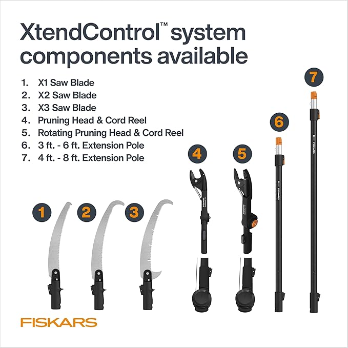 Fiskars XtendControl Extendable Tree Pruner (14 ft), Adjustable Branch Trimmer with 15" X2 Hook Bill Saw, 3-6 ft & 4-8 ft Extension Poles, and Secure Locking System for Precision Cutting