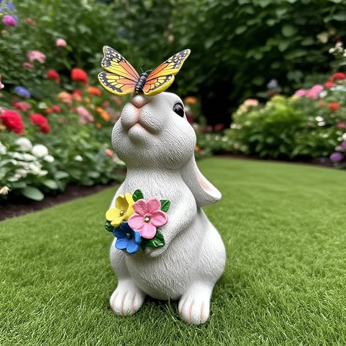 Solar Garden Statue LED Outdoor Garden Decor Funny Animal Sculpture for Yard Patio Lawn Weatherproof Resin Birthday Art Gift(Rabbit and Butterfly)