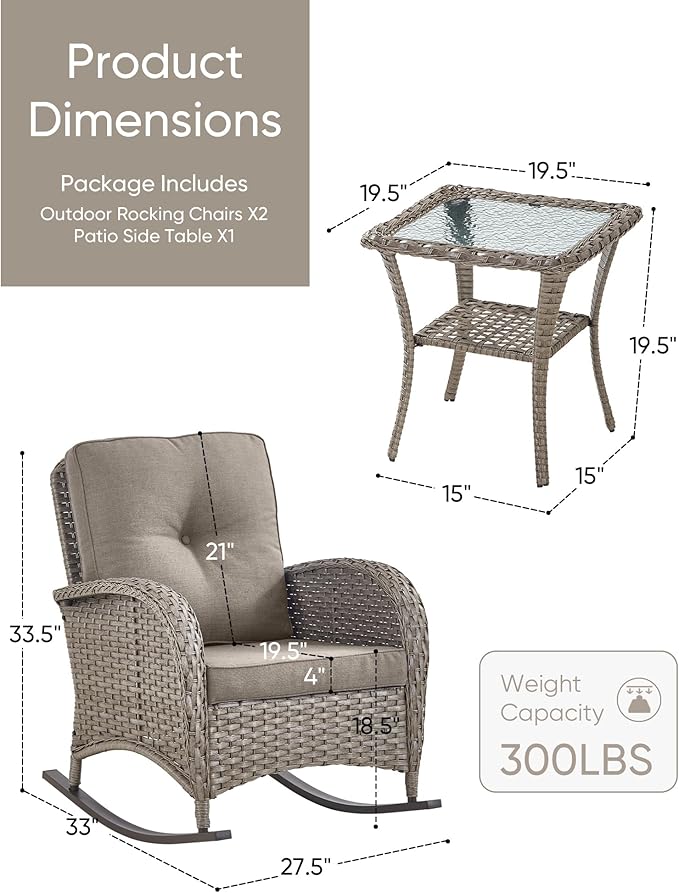 HUMMUH Outdoor Bistro Set-High Back Outdoor Rocking Chair with Side Table Patio Table and Chairs Set for Deck Lawn Porch Balcony Poolside-Grey/Grey