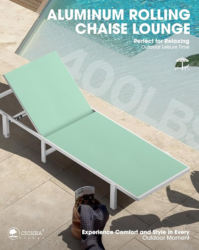 Pool Chaise Lounge Chair Set of 4, Outdoor Lounge Chairs with Wheels, 5-Position Adjustable Sun Loungers for Outside, Deck, Beach, Light Green