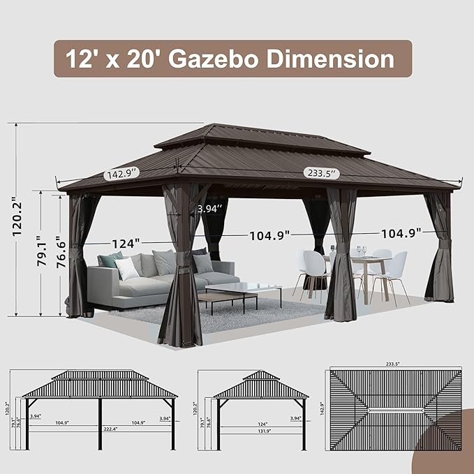 Domi Hardtop Gazebo 12x20FT, Aluminum Outdoor Gazebo with Galvanized Steel Double Roof Canopy, Curtains and Netting Included, Metal Gazebo Permanent Pavilion for Patio, Lawn, Garden, Brown