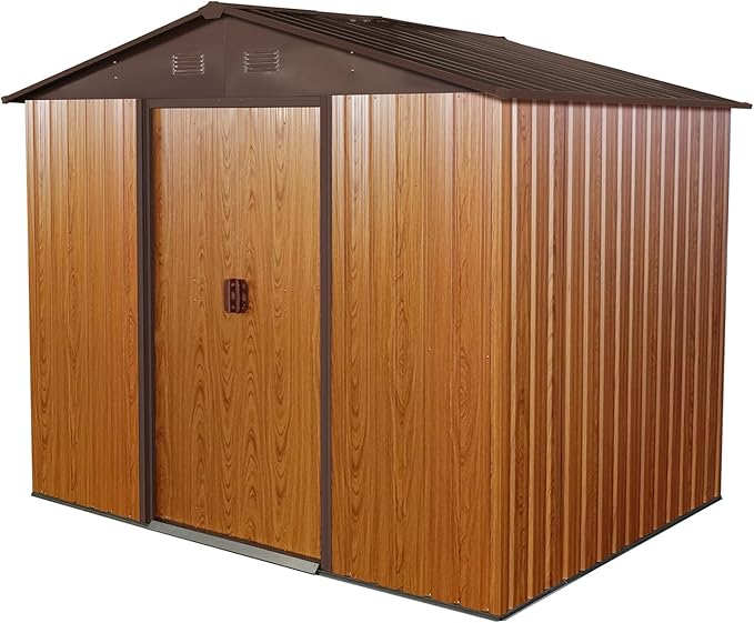 8 x 6 FT Outdoor Storage Shed, Metal Garden Shed with Floor Frame, Tool Shed Outdoor Storage with Lockable Sliding Doors & Air Vents, Storage House Waterproof for Backyard, Lawn, Coffee
