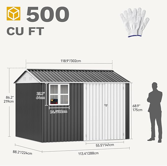DWVO 10x8ft Large Tool Storage Shed with Window, Lockable Doors, and Sloped Roof, Oversized Steel Outdoor Storage Shed for Garden, Patio, Garage, Backyard, Lawn - Gray & White