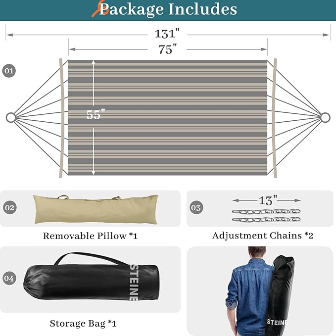 Double Hammock, 11 FT Quilted Fabric 2 Person Hammock for Outside with Pillow, Folding Curved Spreader Bar, Chains, Carrying Bag, Indoor Outdoor, 450 IB Capacity, BlueLeaves