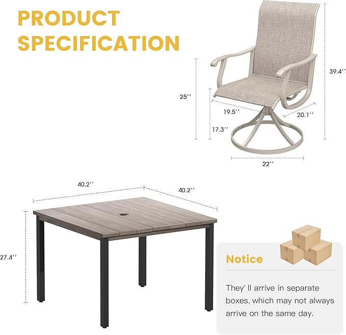 VICLLAX 5 Pieces Patio Dining Set for 4, Outdoor Furniture Set Includes 40.2" Square Outdoor Table and 4 Patio Swivel Chairs for Lawn Garden, Grey Wood Grain Tabletop and Sandshell Fabric