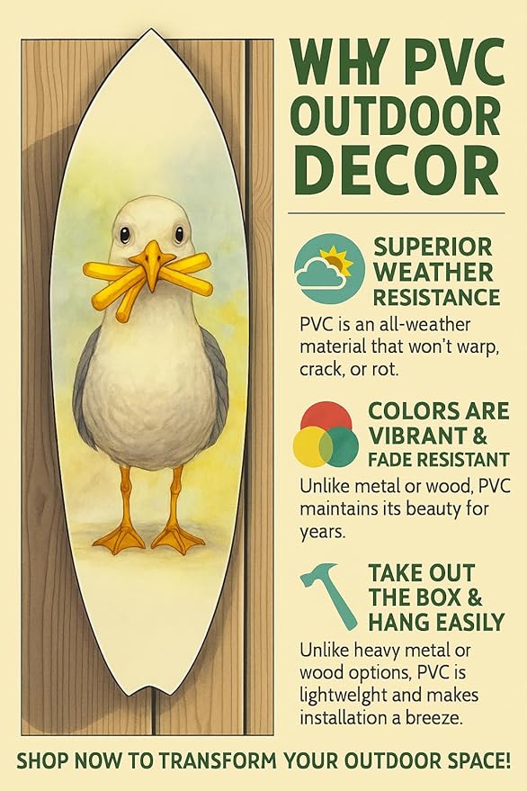 JennyGems Funny Seagull Surfboard Wall Art – Coastal Beach Decor, Seagull with Fries, Outdoor PVC Surfboard Sign (5 Foot)