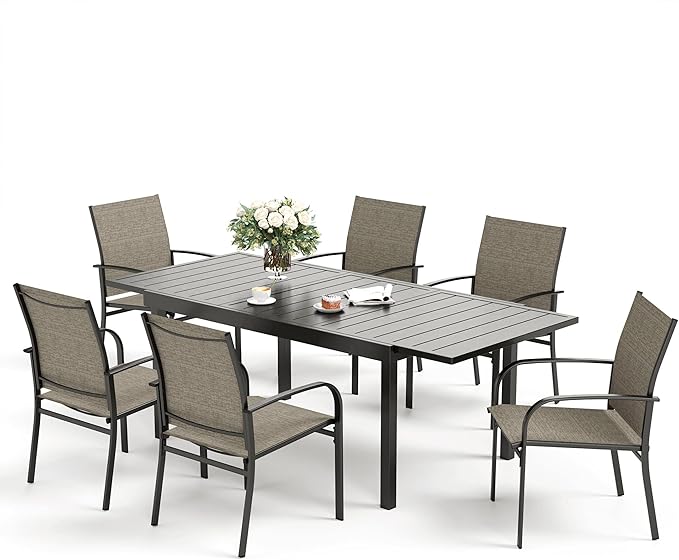 7 Piece Patio Dining Set for 6, Rectangular Metal Extendable Table with 6 Brown Dining Chairs, Patio Table and Chairs for Backyard Lawn,Deck