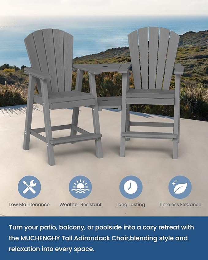 Ciokea Tall Adirondack Chairs Set of 4, HDPE Outdoor High Back Adirondack Chair with Double Connecting Tray, Weather Resistant Balcony Chairs for Deck, Lawn, Pool, Backyard, Gray