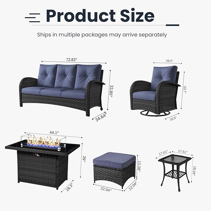 10 Pieces Patio Furniture Sets with Fire Pit Table, Wicker Rattan High Back Outdoor Swivel Rocking Chairs Set with 3-Seat Couch, Ottomans and Side Table