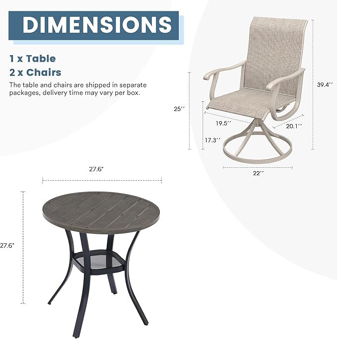 DIFY 3 Pieces Outdoor Patio Bistro Dining Set, 2 Sandshell Textilene Swivel Dining Chairs and 27.6" Grey Wood-Like Small Round Dining Table, Outdoor Table and Chairs