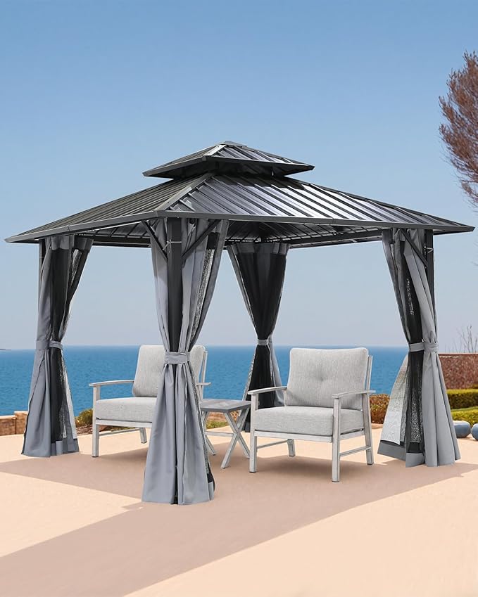 12' x 12' Hardtop Gazebo, Aluminum Frame Patio Hardtop Gazebos with Netting and Curtain, Outdoor Patio Pergola, Outdoor Patio Gazebo with Double Metal Roofs for Lawns, Garden, Deck, Slate Gray