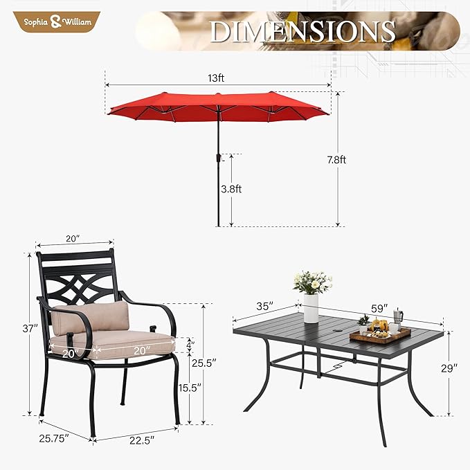 Sophia & William Patio Dining Set for 6, 13ft Patio Umbrella Red, Removable Seat Cushions, Black 59" Patio Dining Table