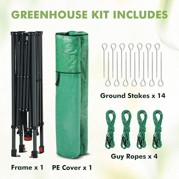 EAGLE PEAK 8x8 Portable Pop Up Greenhouse, Patented Center Lock Easy One Person Setup, Walk-in Outdoor Greenhouse with Gable Roof, Weight Bags, Zippered Doors & Windows, Green