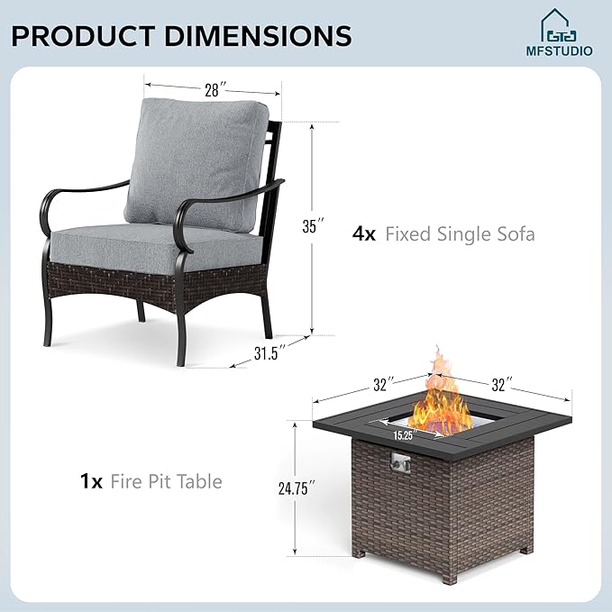 MFSTUDIO 5 Pieces Outdoor Patio Furniture Set, Metal Outdoor Conversation Sofa, Rattan Wicker Patio Sectional Sofa Set with 4 x Fixed Single Sofa, 1 x Fire Pit Table, Grey