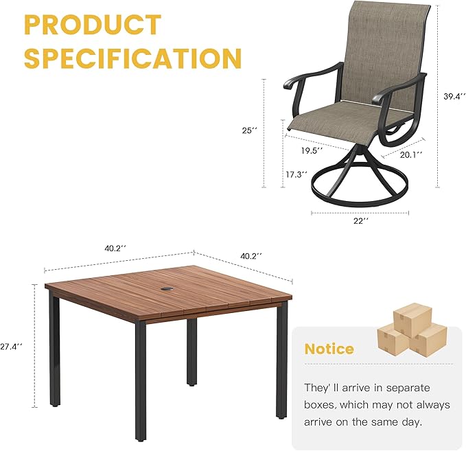 VICLLAX 5 Pieces Patio Dining Set for 4, Outdoor Furniture Set Includes 40.2" Square Outdoor Table and 4 Patio Swivel Chairs for Lawn Garden, Walnut Table and Black Chairs