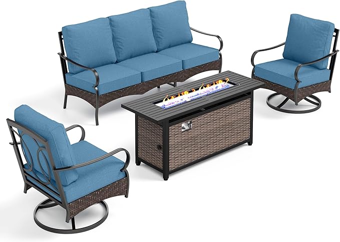 Patio Furniture Set with 56" Fire Pit Table, Premium Outdoor Wicker Metal Frame Furniture with Upgraded Waterproof Thick Cushions for Porch, Poolside, Deck, and Yard(4 Pieces,Navy