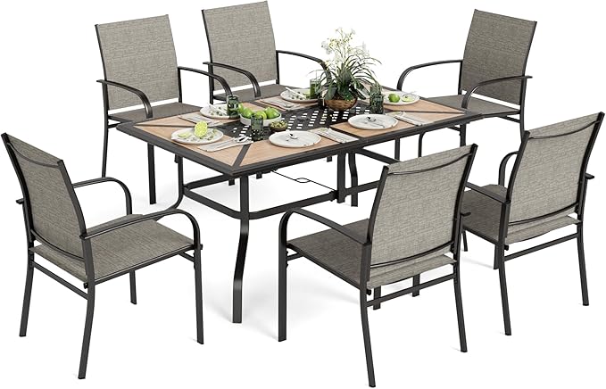 Outdoor Patio Dining Set 7 Piece Furniture Set with 6 Brown Textilene Chairs and Wood-Like Table Top Rectangular Table for Deck Garden Backyard Lawn Poolside