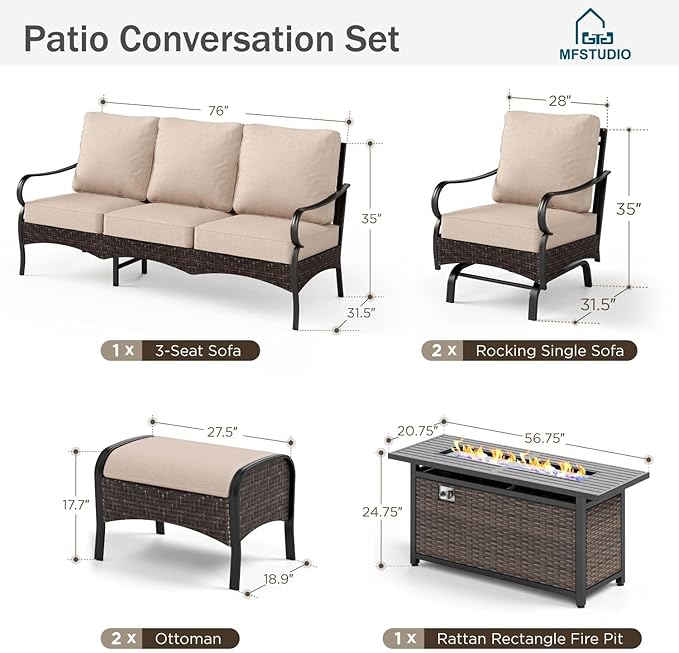 MFSTUDIO 6 PCS Outdoor Patio Furniture Set, Metal Outdoor Conversation Set, Rattan Wicker Patio Sectional Set with 2 x Rocking Single Sofa, 3-Seat Sofa, 2 x Ottoman, 1 x Fire Pit Table, Beige