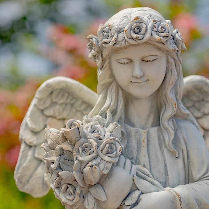 Zaer Ltd. 39" Tall Magnesium Angel Statue Figurines for Outdoor and Indoor Use (Holding a Bouquet of Flowers Sopia, Antique White)