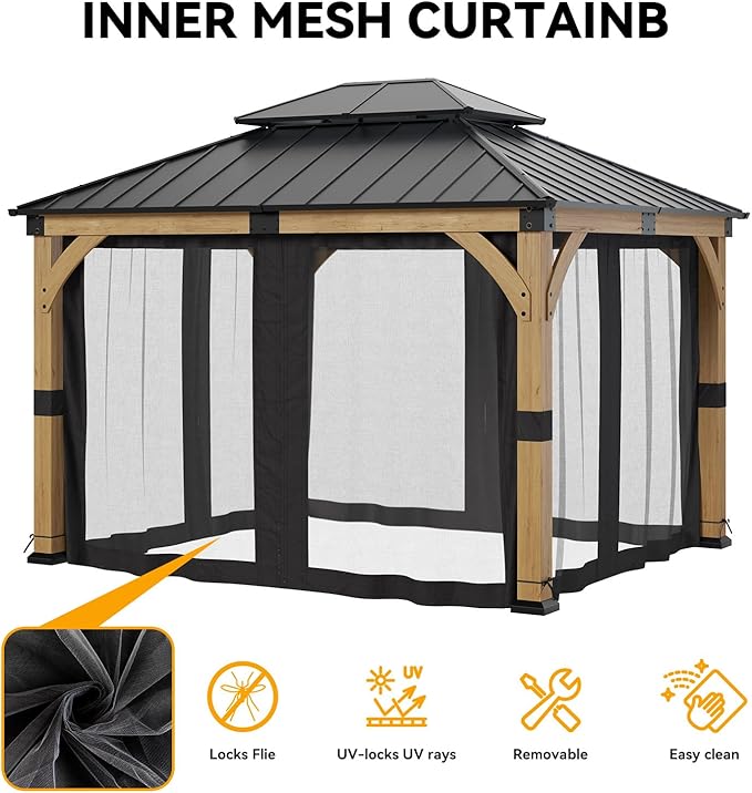 10x12 ft Cedar Wood Gazebo with Translucent roof, Hardtop Gazebo with Galvanized Steel Double Roof and Mosquito Netting, Heavy Duty Pavilion for Patio Lawn and Garden