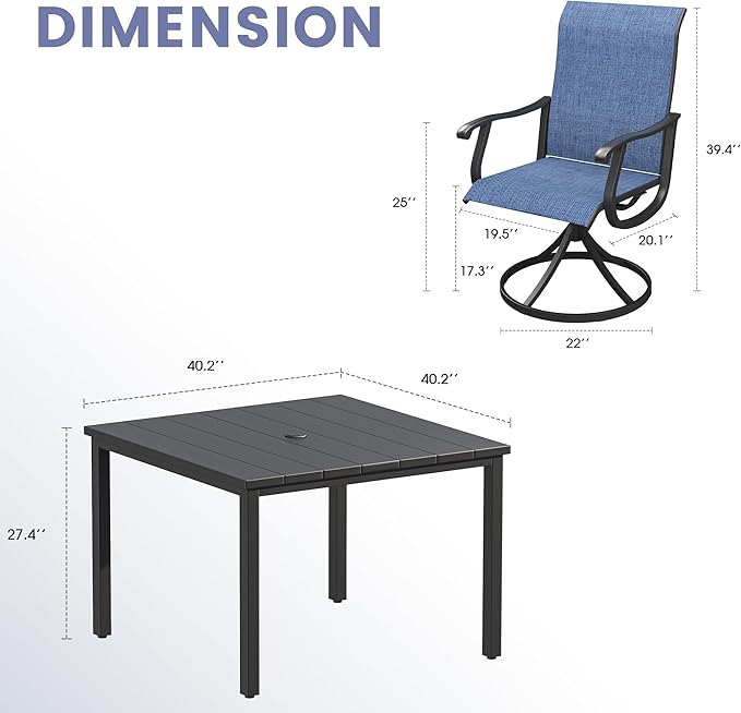 VICLLAX 5 Pieces Outdoor Dining Set, Patio Furniture Set of 4 Patio Swivel Dining Chairs and Square Patio Table, Navy Blue Chairs & Black Tabletop