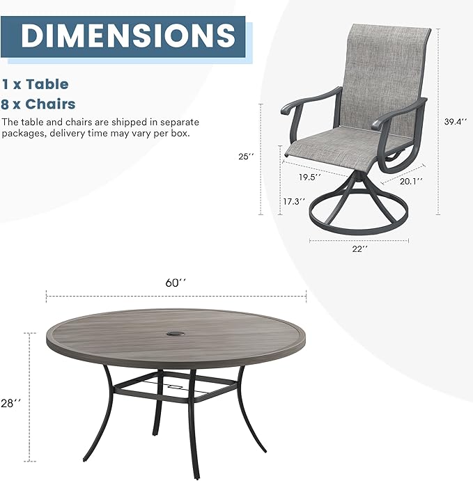 DIFY 9 Pieces Outdoor Patio Dining Set, 8 Grey Textilene Swivel Dining Chairs and 60" Grey Wood-Like Round Metal Dining Table, Outdoor Table and Chairs