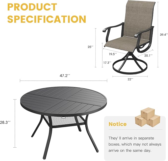 VICLLAX 7 Pieces Patio Dining Set for 6, Outdoor Furniture Set Includes 47.2" Outdoor Round Table and 6 Patio Swivel Chairs for Lawn Garden, Black Tabletop and Mixed Brown Fabric