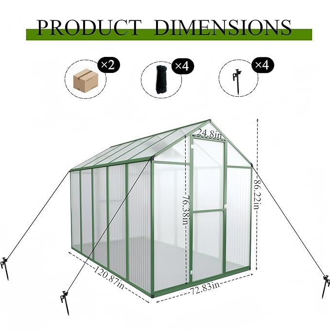 72*120in Greenhouse for Outdoors, Polycarbonate Greenhouse with Stronger Wind Protection and Roof Vent, Walk-in Large Aluminum Sunroom Winter Proof, Green