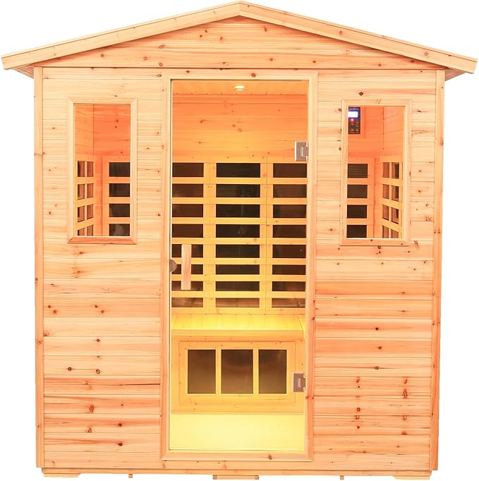 Fir Wood 5-6 Person Low emf Far Infrared Outdoor Sauna, Indoor/Outdoor Wooden Sauna, Withstand Temp -5ā-104ā with 18 Low EMF Heating Panels & Reading Lights & Chromotherapy Lights & Bluetooth Speaker
