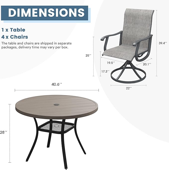 DIFY 5 Pieces Outdoor Patio Dining Set, 4 Grey Textilene Swivel Dining Chairs and 40.6" Grey Wood-Like Round Dining Table, Metal Outdoor Table and Chairs