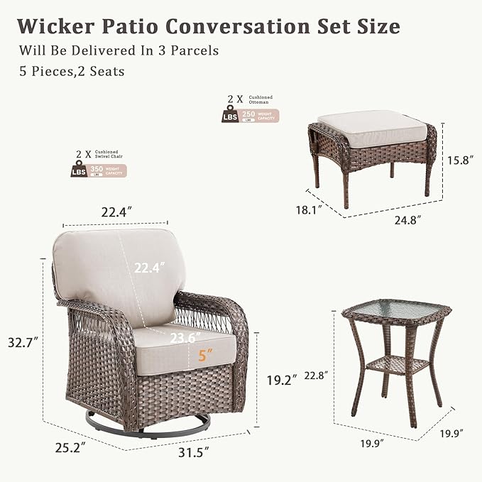 5 Pieces Patio Furniture Set Outdoor Sectional Sofa Couch with Rocking Swivel Chairs 5" Deep Seat Chairs, Modern Wicker Rattan Conversation Set, Beige/Brown Wicker