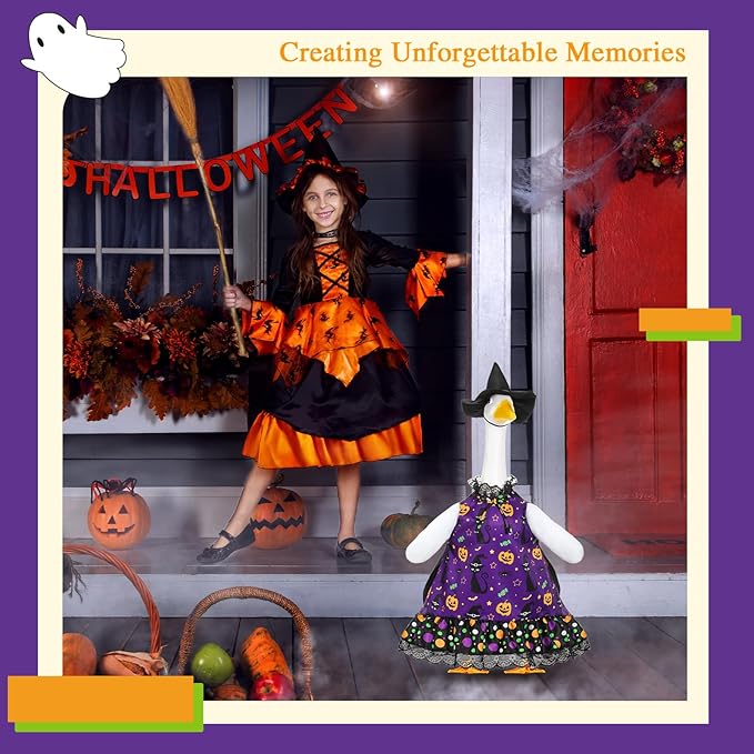 Halloween Porch Goose Outfit Set for 23'' Plastic Lawn Goose Statue Clothes Witch Skirt Halloween Costume for Outdoor Patio Yard Lawn Art Decor