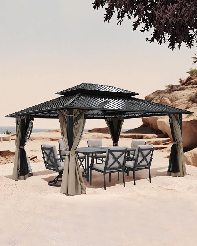 10' x 12' Hardtop Gazebo, Aluminum Frame Outdoor Patio Gazebo with Netting and Curtains, Outdoor Hardtop Gazebos, Patio Pergolas with Double Metal Roofs for Backyard, Patio, Deck, Sandstone