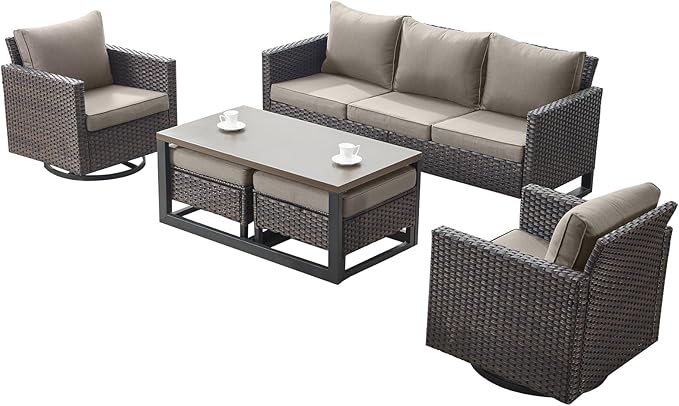 Rilyson Wicker Outdoor Patio Furniture Set - 6 Piece Patio Conversation Set with 2 Swivel Rocker Chairs,2 Rattan Ottoman,1 Couch and 1 Metal Coffee Table for Outside Porch Deck Backyard(Brown/Grey)