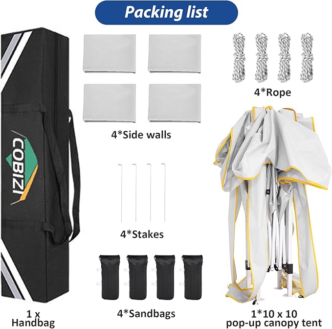 COBIZI 10x10 Pop Up Canopy, Party Tents for Parties Waterproof Outdoor Event Shelter with 4 Sidewalls and 4 Sandbags UV Protection 50+ Camping Commercial Wedding Portable Tent for Backyard, White