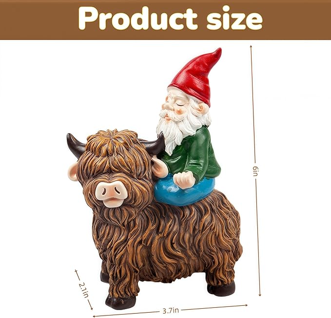 Highland Cow Gnome Garden Decorative Statue Garden Gnomes Decor Outdoor Statues Gnome Suitable for Patio, Back Porch Ornaments, Unique Housewarming, Birthday Gifts for Women, Mom
