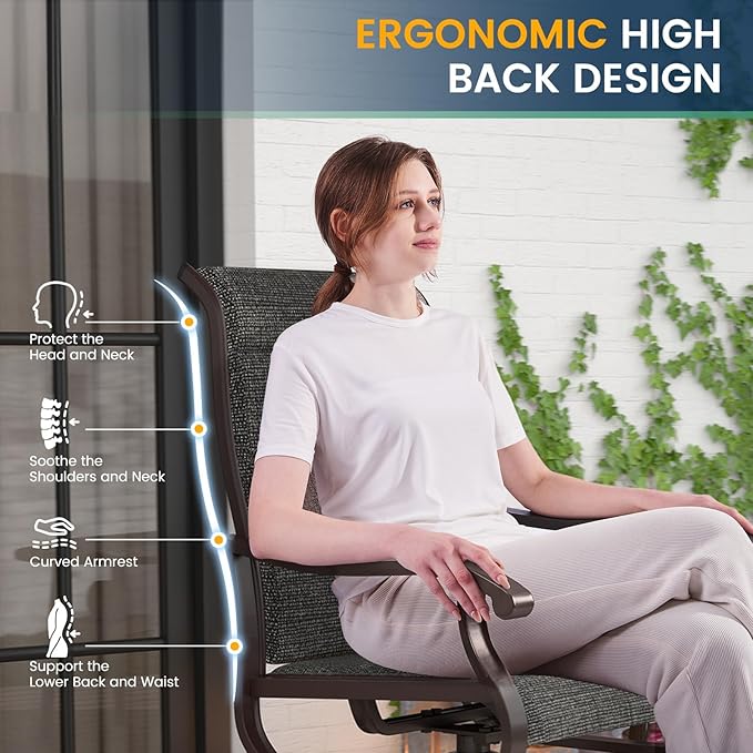 Amopatio Padded Patio Swivel Chairs Set of 8, Outdoor Dining Chairs with Ultra Soft Textilene High Back Seat & Metal Rocker Frame, for Backyard Deck Lawn Garden, Dark Grey