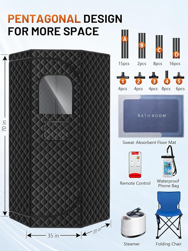 Portable Steam Sauna for Home, Portable Sauna Box Full Body for Home with 9 Adjustable Heat Levels, Steam Sauna with 3L 1500W Steamer, Folding Chair, 99 Minute Timer