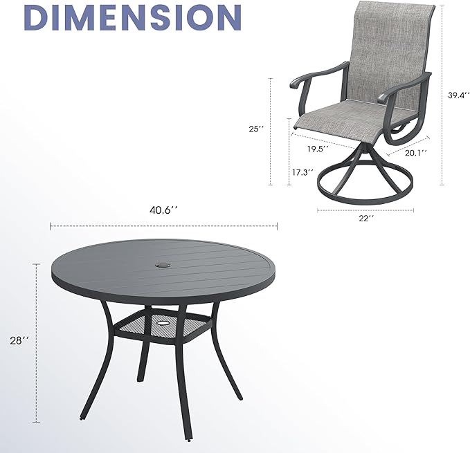 VICLLAX 5 Pieces Outdoor Dining Set, Patio Furniture Set of 4 Patio Swivel Dining Chairs and 41" Patio Round Table with Storage Shelf, Grey Chairs & Dark Grey Tabletop