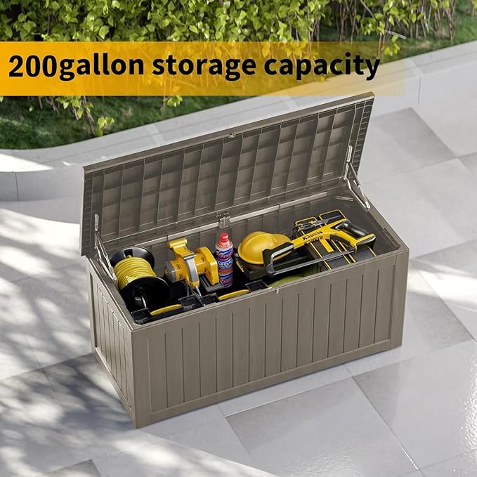 200 Gallon Deck Box, Resin Outdoor Indoor Waterproof Storage Box, Lockable Storage Box With Handle for Patio Furniture - Garden Tools - Swimming Pool Tools UV-Resistant, Grey