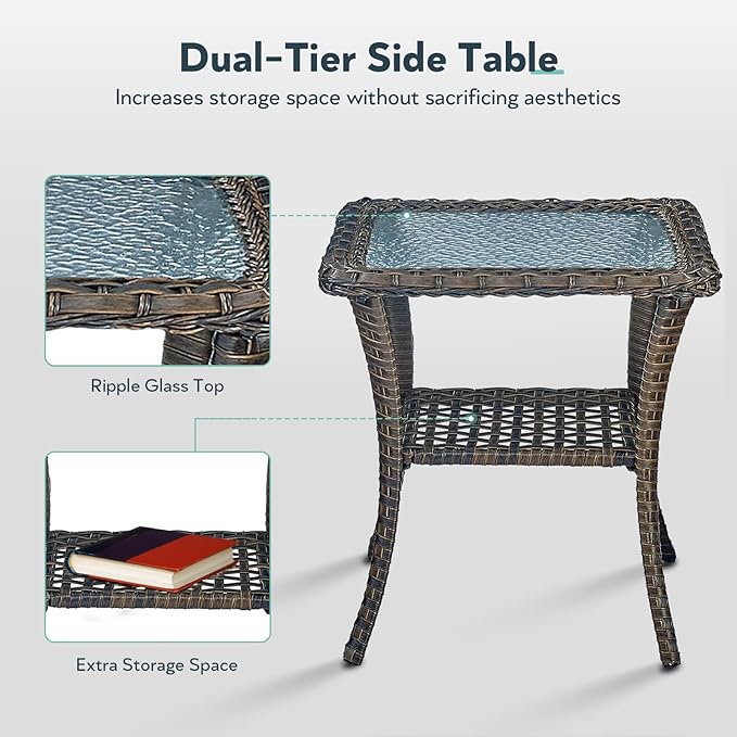 5 Piece Patio Furniture Set with Fire Pit Table - Wicker Patio Conversation Set with Swivel Glider, 3-Seat Sofa, Tempered Glass Side Table for Deck Backyard - Brown Wicker Grey Cushion