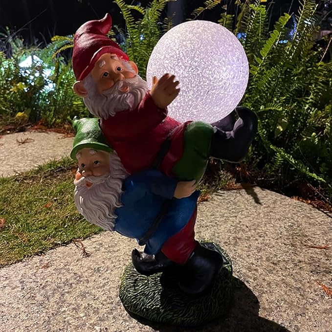 Solar Powered 2 Gnomes Playing with Ball, Decorated Solar Light, Garden Decorations Statues, Resin Garden Figurines (2 Gnomes with a Glass Ball)